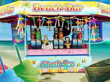 Bunter Slush-Ice-Stand, Fotomontage vor Strand mit Slush-Ice-Bechern im Vordergrund